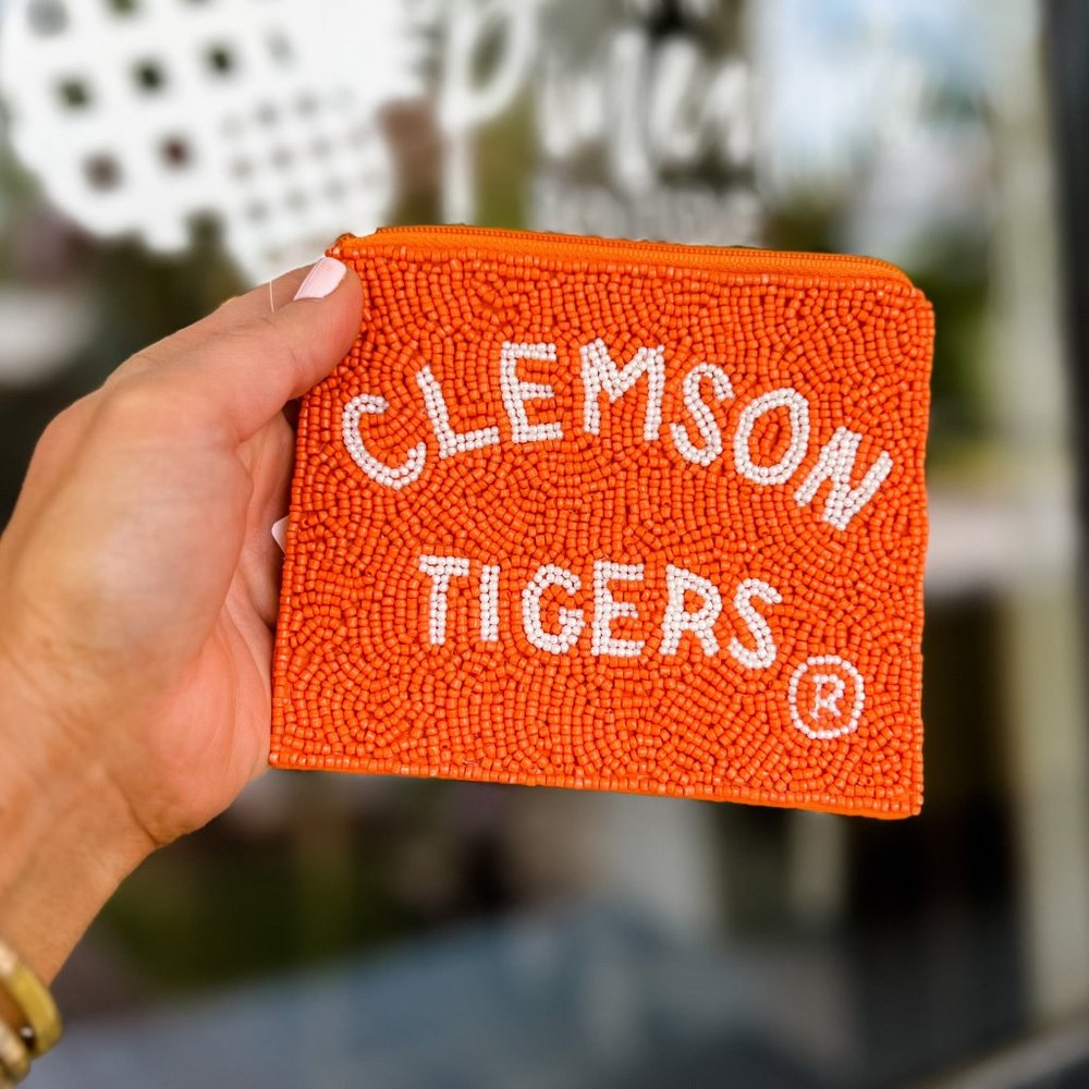 Seed Beaded CLEMSON Football Team Zipper Coin Makeup Storage Pouch NEW NWT